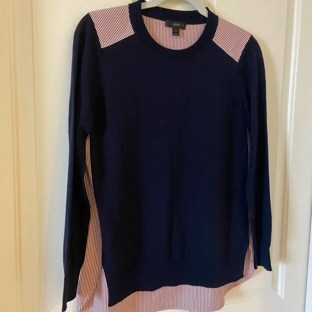 J. Crew Womens Mixed Media Merino Wool Sweater Top Navy & Red Striped Size XS